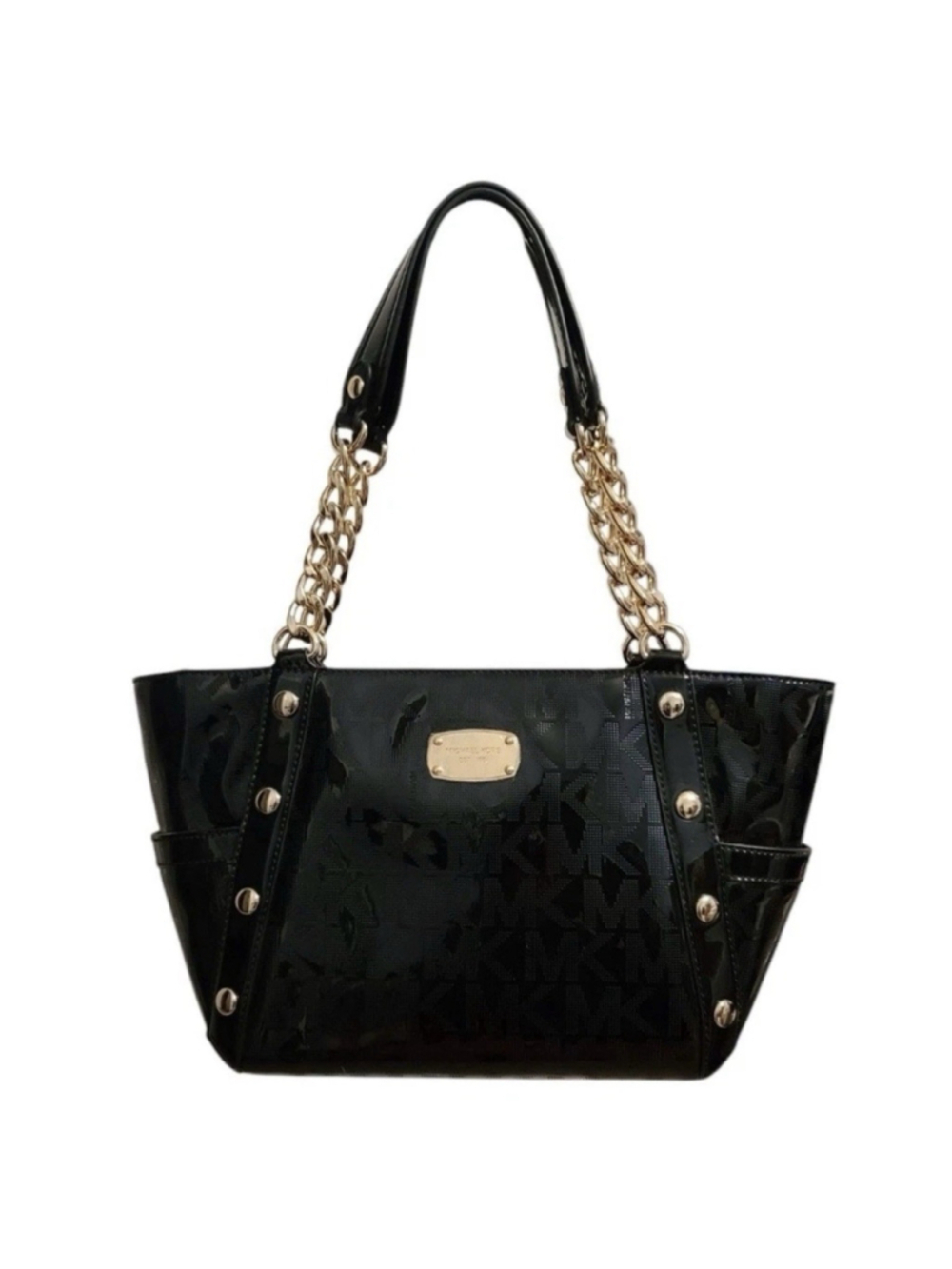 Michael Kors Black Patent Leather Shoulder Bag Gold Studded Logo Delancy